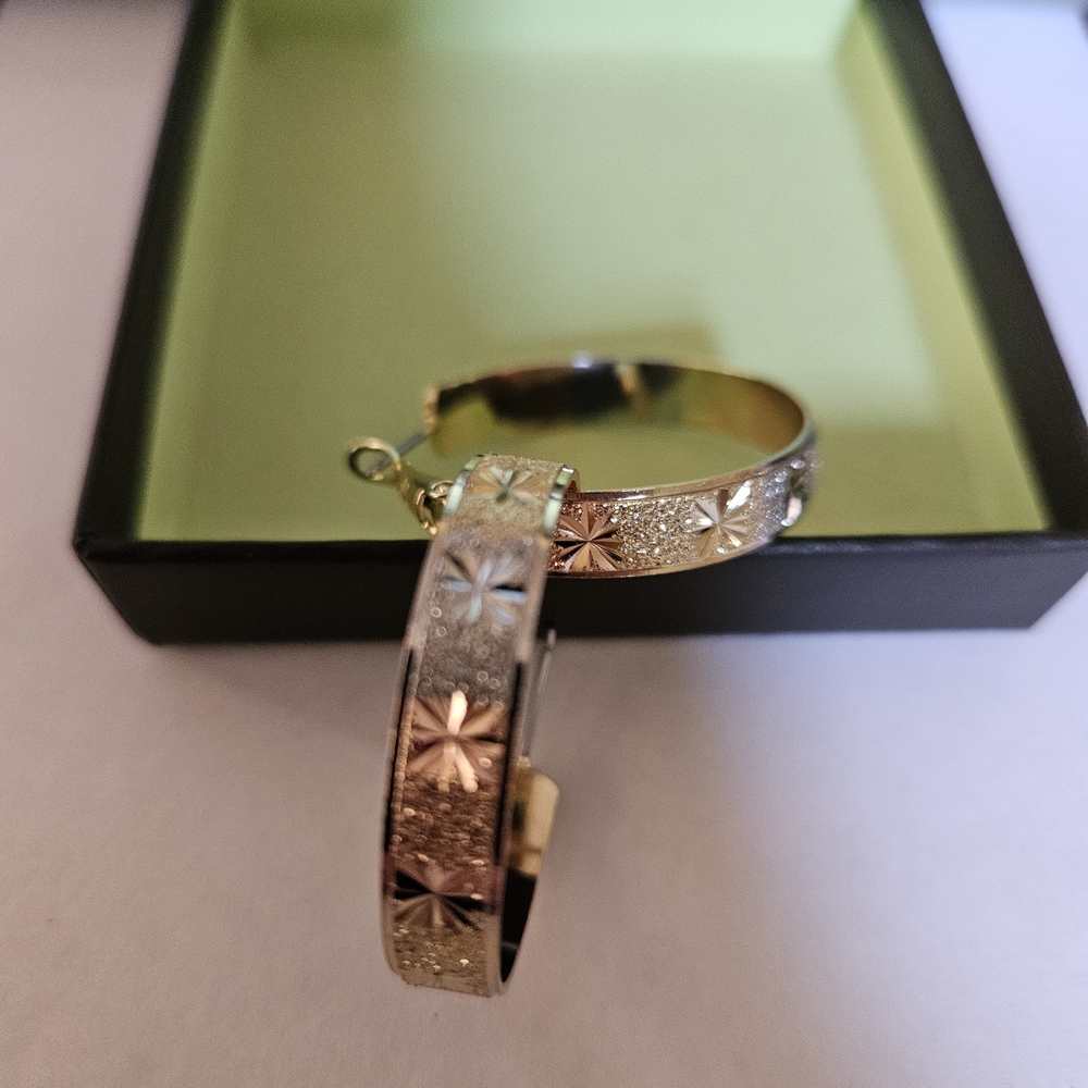 Ross-Simons Tri-Tone Floral Engraved Hoop Earrings